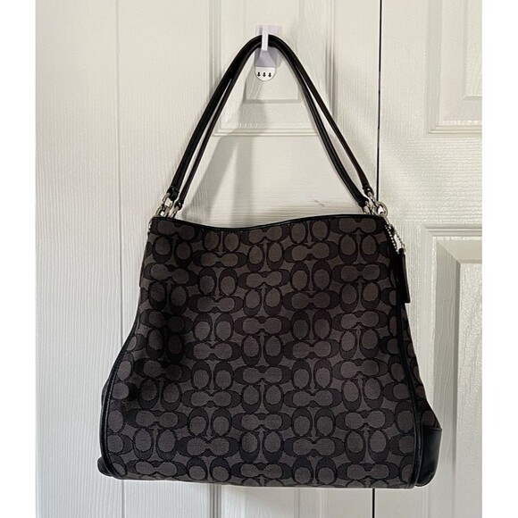 Coach Phoebe Signature Outline Shoulder Bag Purse #36424 Black and Gray - Picture 1 of 15